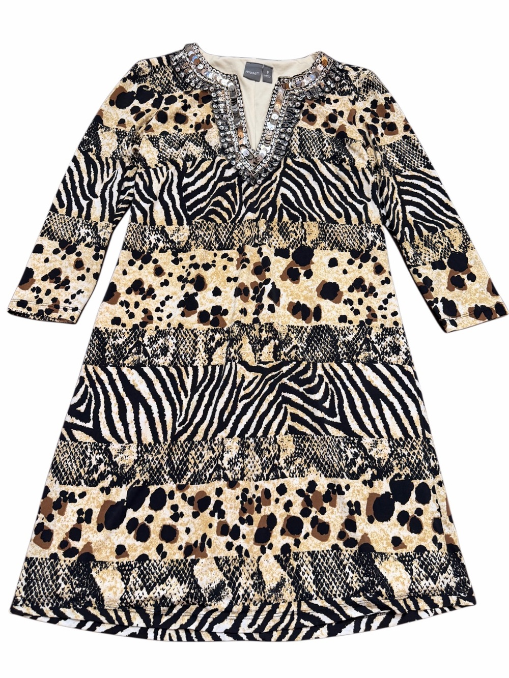 Muse Zebra & Leopard Print Beaded V-Neck Casual Dress in Black, Cream, Brown